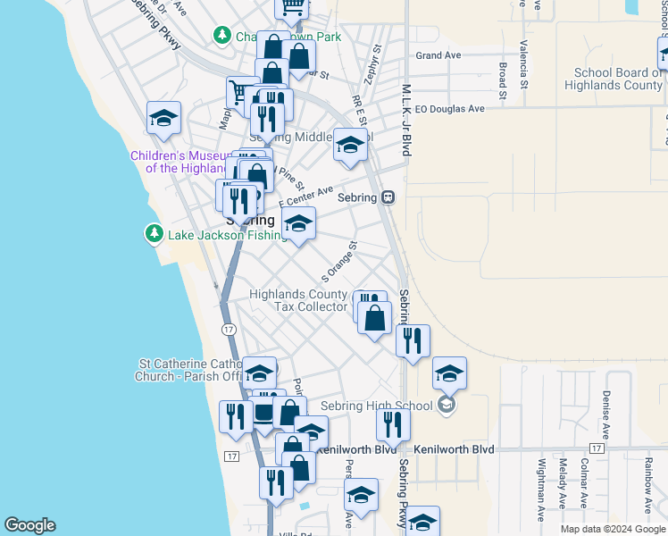 map of restaurants, bars, coffee shops, grocery stores, and more near 399 Fernleaf Avenue in Sebring