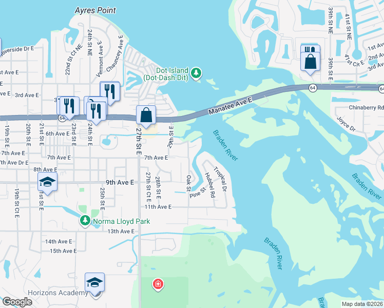 map of restaurants, bars, coffee shops, grocery stores, and more near 705 32nd Street East in Bradenton