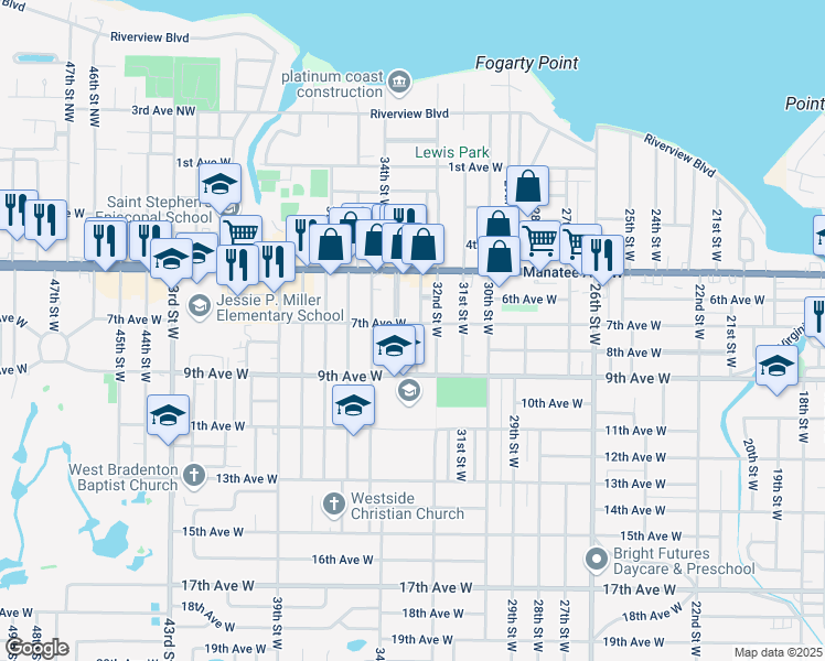 map of restaurants, bars, coffee shops, grocery stores, and more near 3305 7th Avenue West in Bradenton