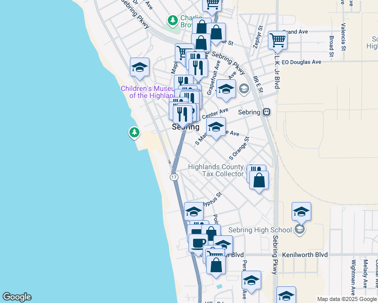 map of restaurants, bars, coffee shops, grocery stores, and more near 149 Magnolia Avenue in Sebring