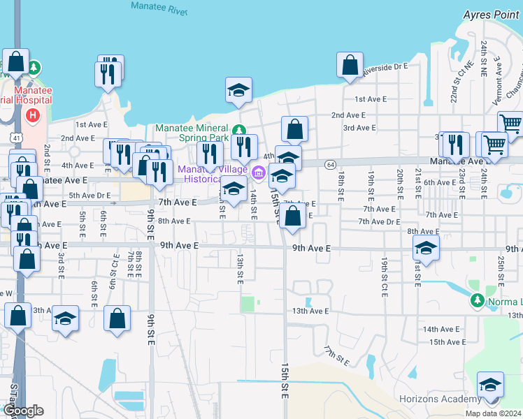 map of restaurants, bars, coffee shops, grocery stores, and more near 1400 7th Avenue East in Palmetto