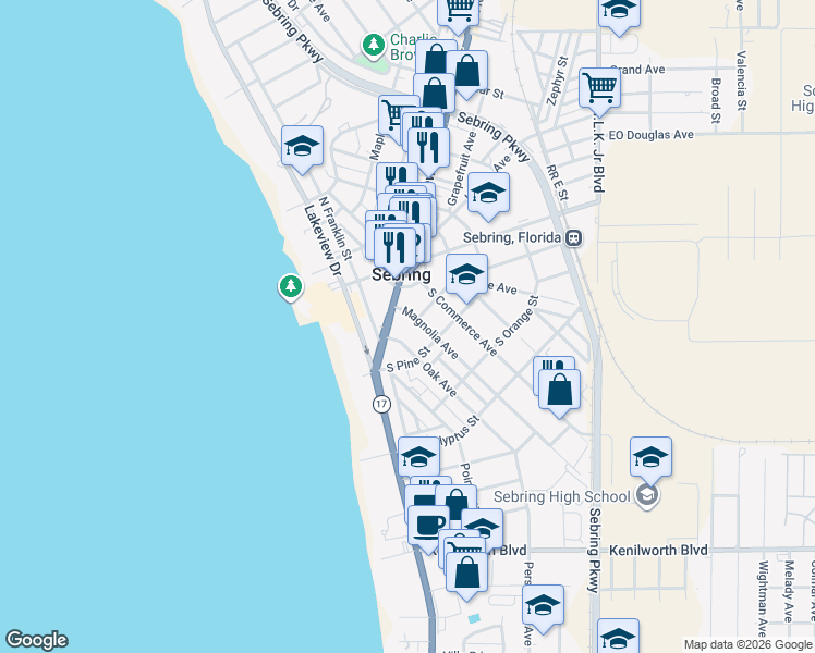 map of restaurants, bars, coffee shops, grocery stores, and more near 149 Magnolia Avenue in Sebring