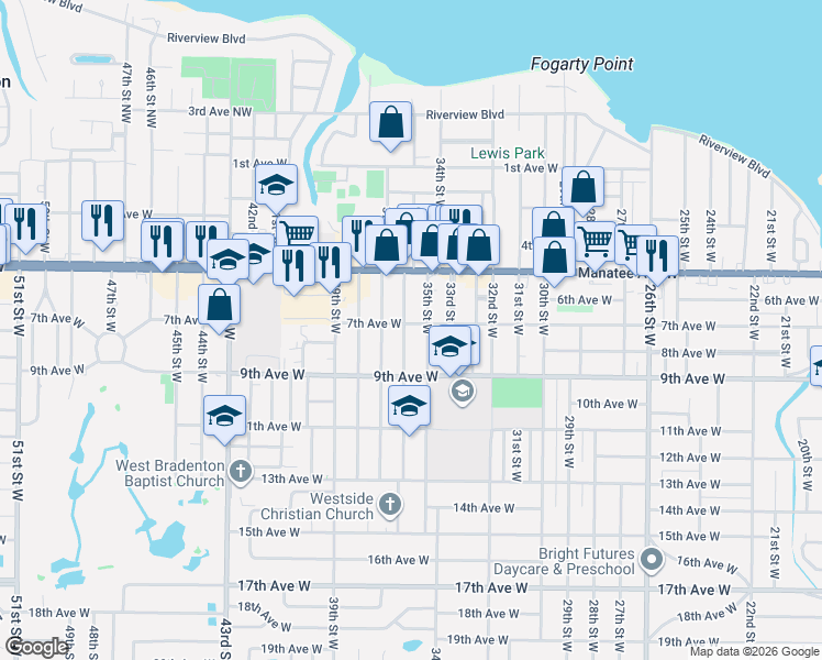 map of restaurants, bars, coffee shops, grocery stores, and more near 3605 7th Avenue West in Bradenton