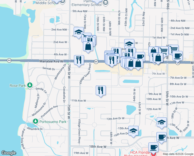map of restaurants, bars, coffee shops, grocery stores, and more near 6916 8th Avenue West in Bradenton