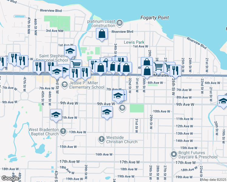 map of restaurants, bars, coffee shops, grocery stores, and more near 707 35th Street West in Bradenton