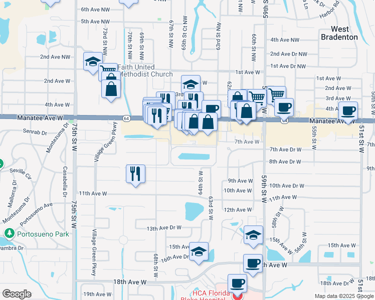 map of restaurants, bars, coffee shops, grocery stores, and more near 6428 7th Avenue Circle West in Bradenton