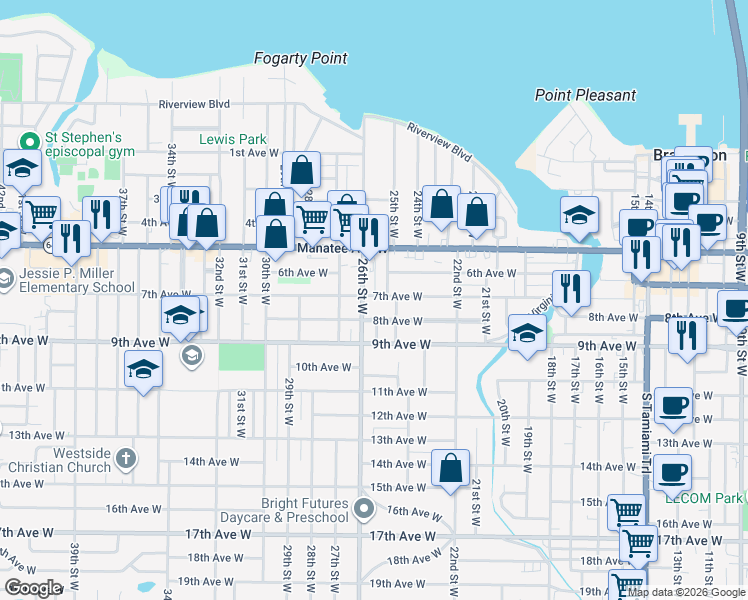 map of restaurants, bars, coffee shops, grocery stores, and more near 2529 7th Avenue West in Bradenton