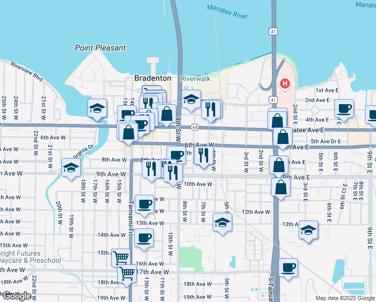 map of restaurants, bars, coffee shops, grocery stores, and more near 810 7th Avenue West in Bradenton