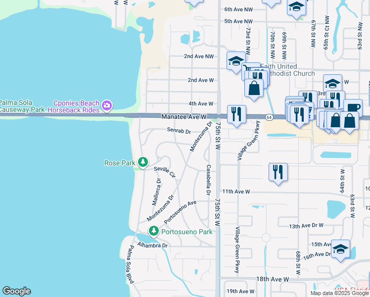 map of restaurants, bars, coffee shops, grocery stores, and more near 7613 The Plaza in Bradenton
