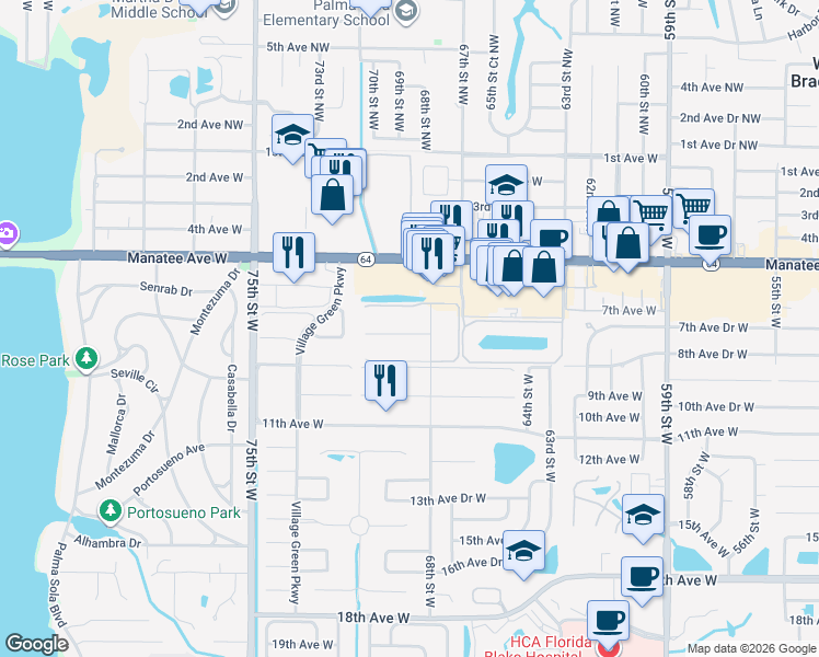 map of restaurants, bars, coffee shops, grocery stores, and more near 6808 8th Avenue West in Bradenton