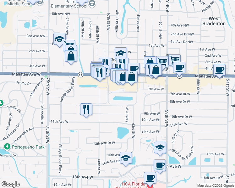 map of restaurants, bars, coffee shops, grocery stores, and more near 6428 7th Avenue Circle West in Bradenton