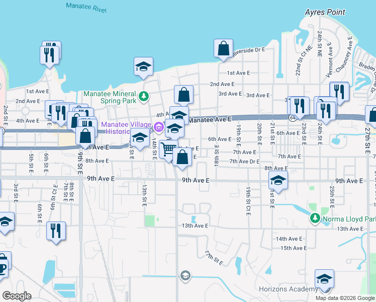 map of restaurants, bars, coffee shops, grocery stores, and more near 1615 7th Avenue Drive East in Bradenton