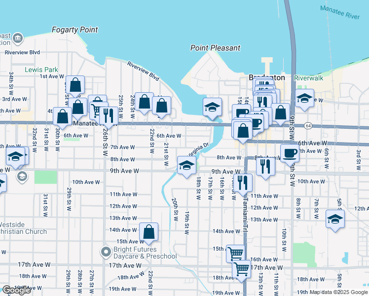 map of restaurants, bars, coffee shops, grocery stores, and more near 1915 7th Avenue West in Bradenton