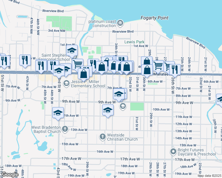 map of restaurants, bars, coffee shops, grocery stores, and more near 707 35th Street West in Bradenton