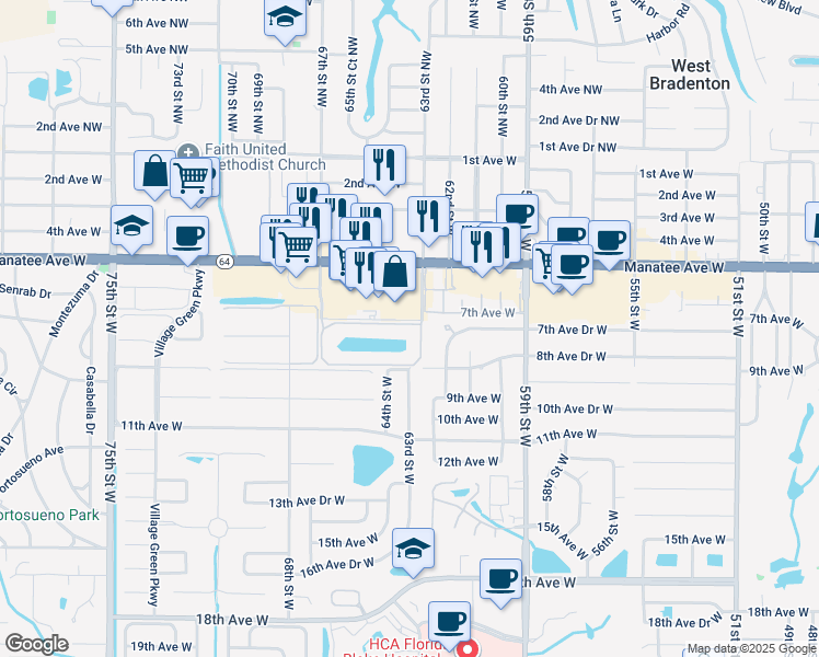 map of restaurants, bars, coffee shops, grocery stores, and more near 6208 7th Avenue Drive West in Bradenton