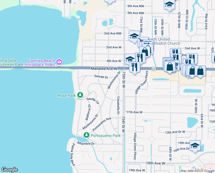 map of restaurants, bars, coffee shops, grocery stores, and more near 7613 The Plaza in Bradenton