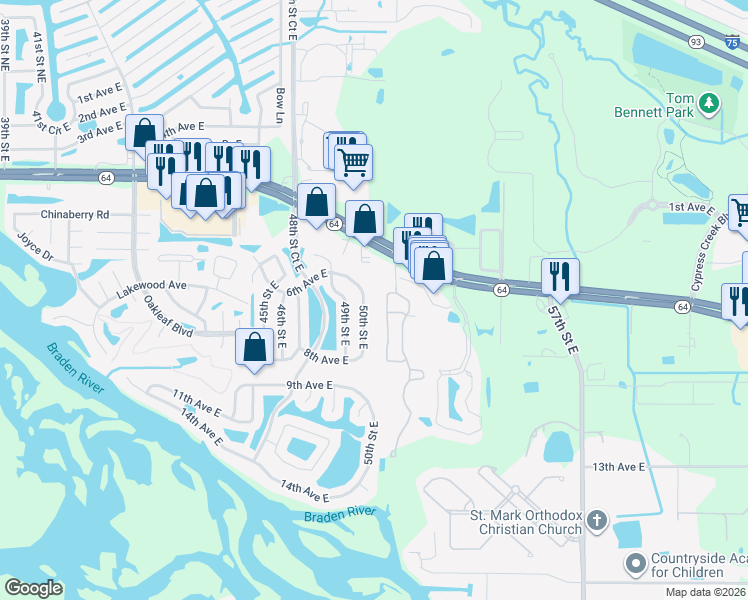 map of restaurants, bars, coffee shops, grocery stores, and more near 619 50th Street East in Bradenton