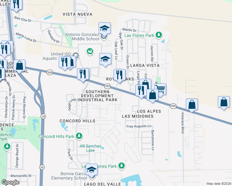map of restaurants, bars, coffee shops, grocery stores, and more near 127 Ranch Road in Laredo