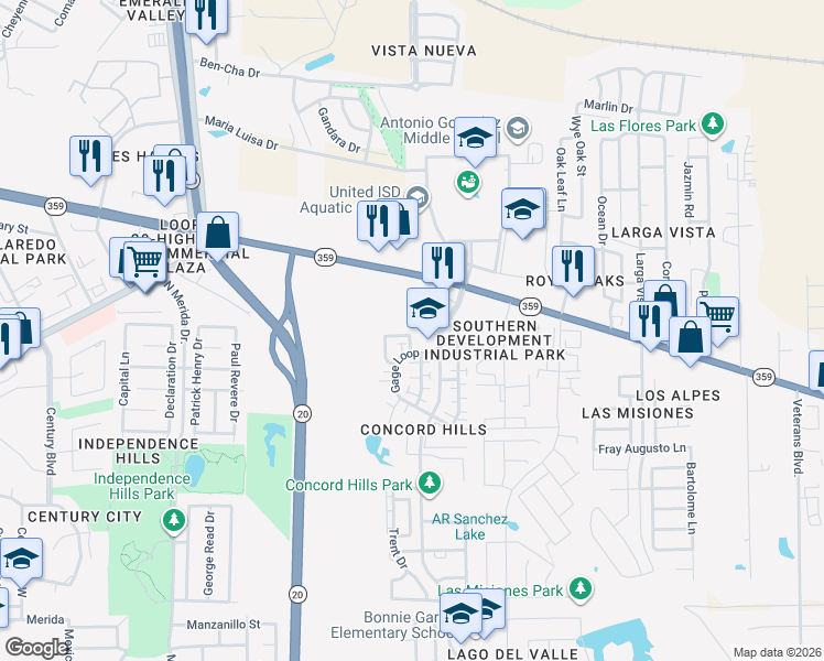 map of restaurants, bars, coffee shops, grocery stores, and more near 408 Gage Loop in Laredo