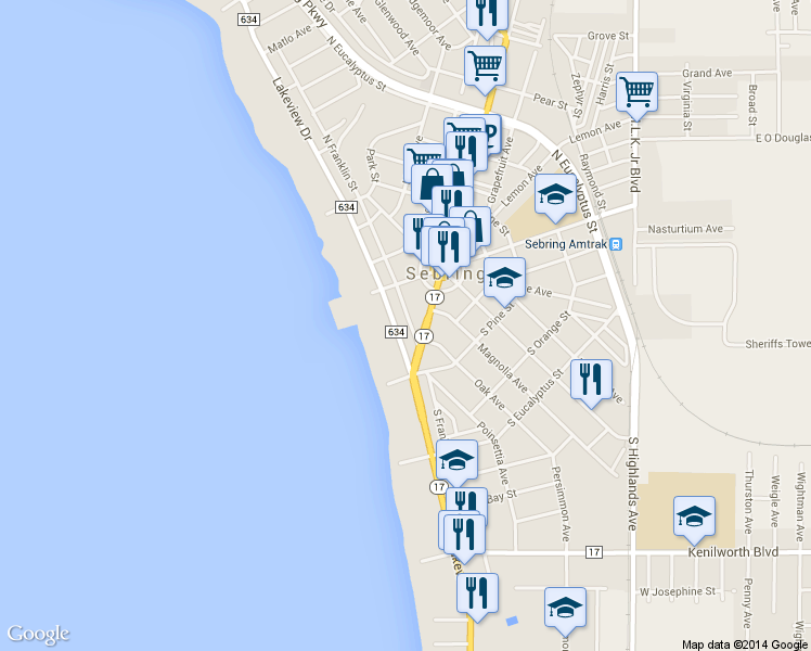 map of restaurants, bars, coffee shops, grocery stores, and more near 1960 Lakeview Drive in Sebring