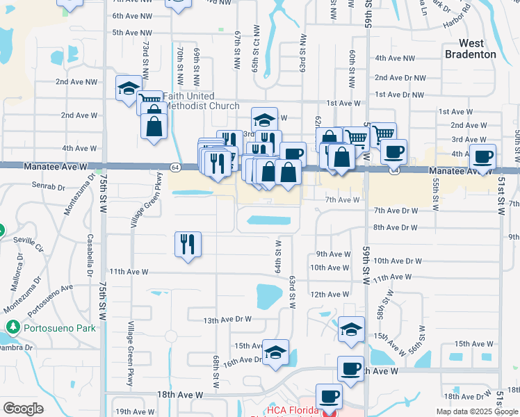 map of restaurants, bars, coffee shops, grocery stores, and more near 6448 7th Avenue Circle West in Bradenton