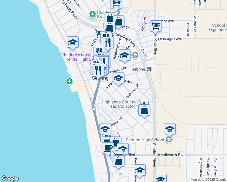 map of restaurants, bars, coffee shops, grocery stores, and more near 531 South Pine Street in Sebring
