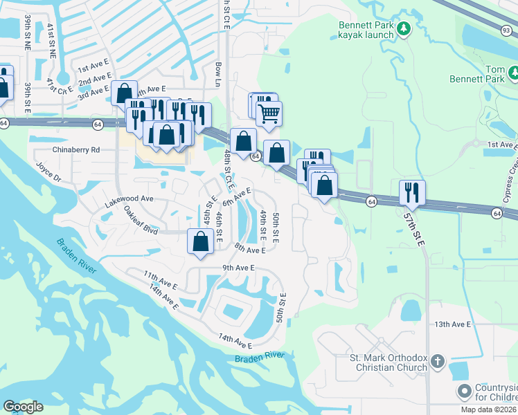 map of restaurants, bars, coffee shops, grocery stores, and more near 618 49th Street East in Bradenton