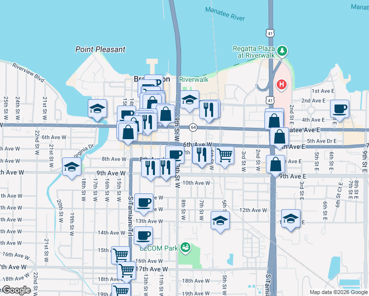 map of restaurants, bars, coffee shops, grocery stores, and more near 810 7th Avenue West in Bradenton