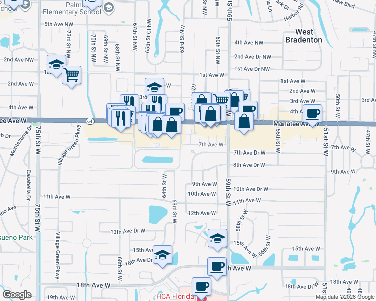map of restaurants, bars, coffee shops, grocery stores, and more near 6208 7th Avenue Drive West in Bradenton