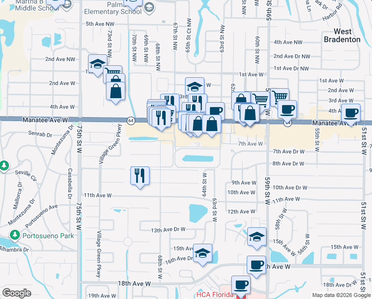 map of restaurants, bars, coffee shops, grocery stores, and more near 6428 7th Avenue Circle West in Bradenton
