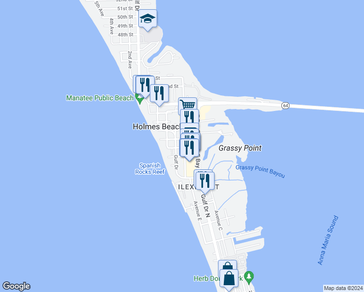 map of restaurants, bars, coffee shops, grocery stores, and more near 3403 6th Avenue in Holmes Beach