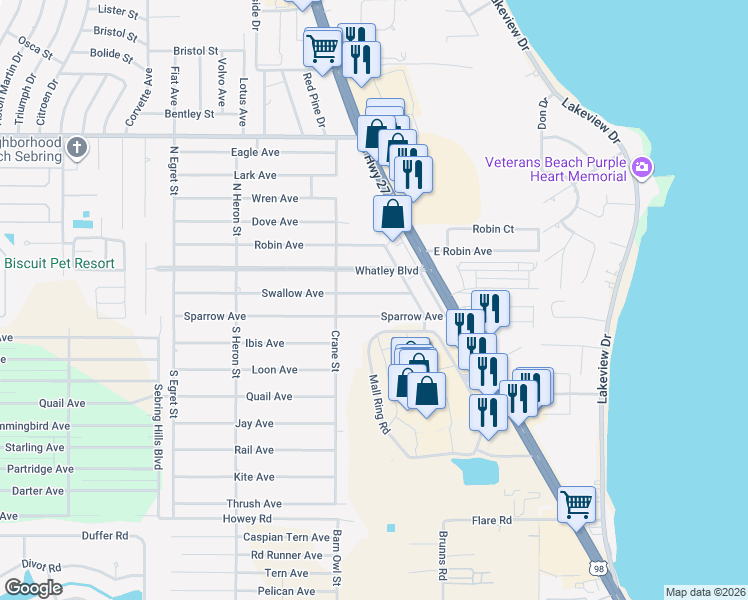 map of restaurants, bars, coffee shops, grocery stores, and more near 123 Sparrow Avenue in Sebring
