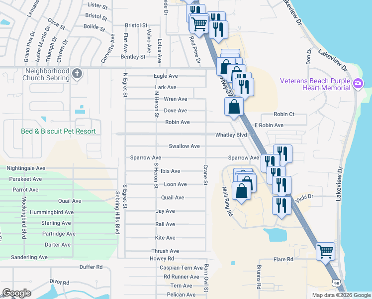 map of restaurants, bars, coffee shops, grocery stores, and more near 209 Sparrow Avenue in Sebring