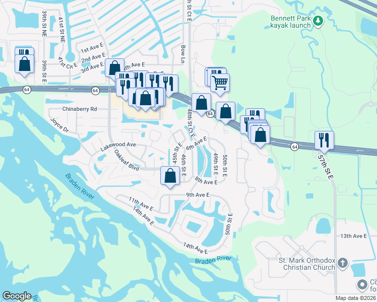 map of restaurants, bars, coffee shops, grocery stores, and more near 4604 6th Avenue East in Bradenton