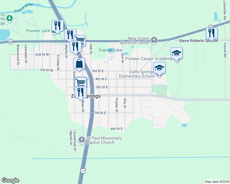 map of restaurants, bars, coffee shops, grocery stores, and more near 410 Debank Street in Zolfo Springs