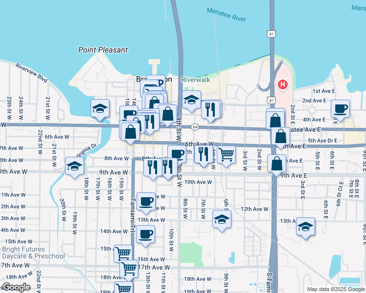 map of restaurants, bars, coffee shops, grocery stores, and more near 810 7th Avenue West in Bradenton