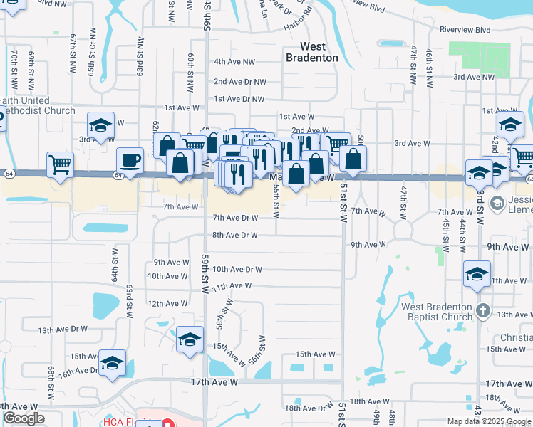 map of restaurants, bars, coffee shops, grocery stores, and more near 5512 7th Avenue Drive West in Bradenton