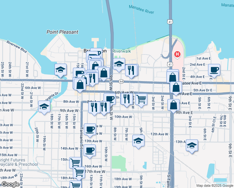 map of restaurants, bars, coffee shops, grocery stores, and more near 810 7th Avenue West in Bradenton