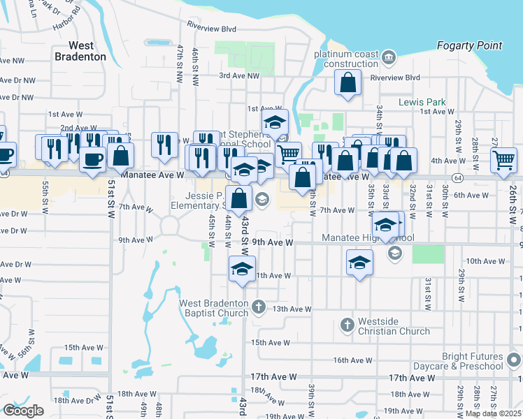 map of restaurants, bars, coffee shops, grocery stores, and more near 601 43rd Street West in Bradenton