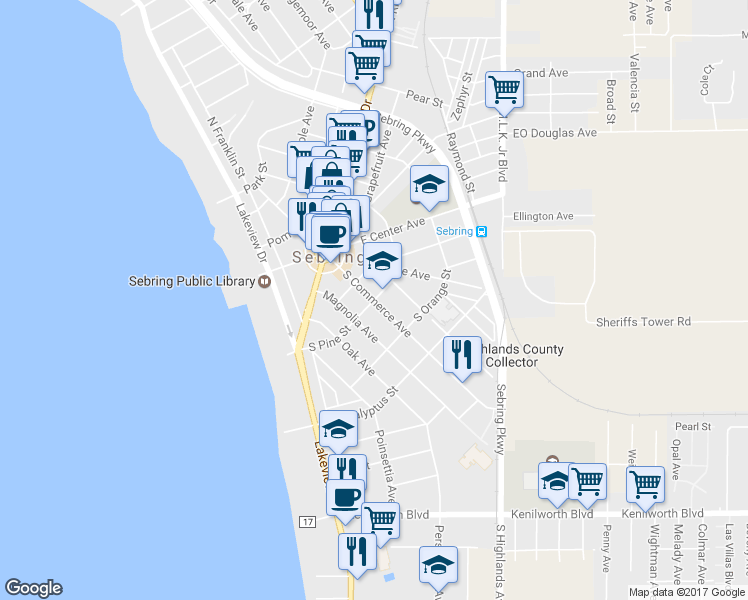 map of restaurants, bars, coffee shops, grocery stores, and more near 298 South Commerce Avenue in Sebring
