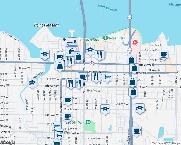 map of restaurants, bars, coffee shops, grocery stores, and more near 801 6th Avenue West in Bradenton