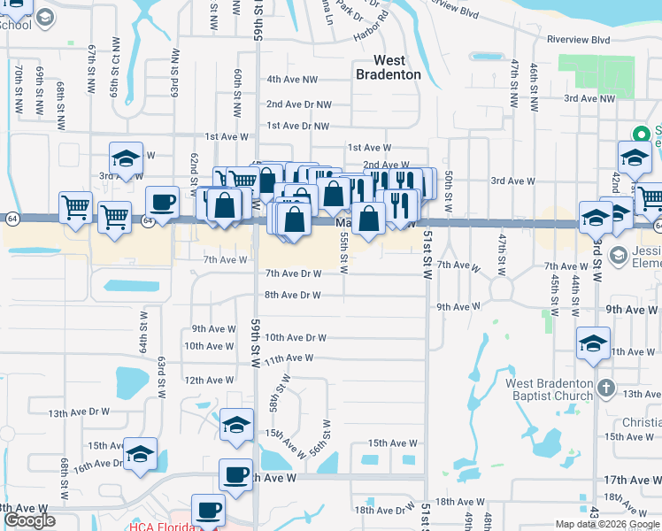 map of restaurants, bars, coffee shops, grocery stores, and more near 5517 7th Avenue Drive West in Bradenton