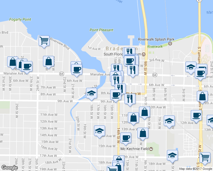 map of restaurants, bars, coffee shops, grocery stores, and more near 1513 7th Avenue West in Bradenton