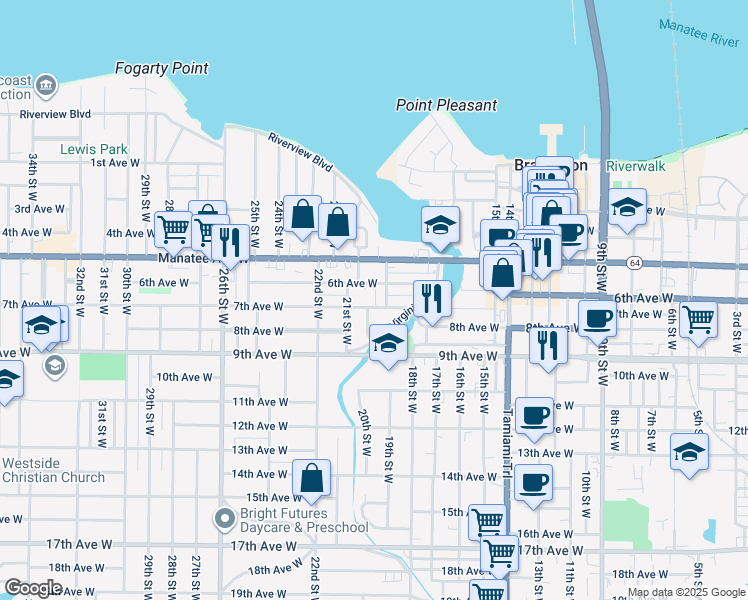 map of restaurants, bars, coffee shops, grocery stores, and more near 1915 7th Avenue West in Bradenton