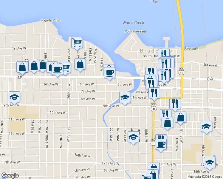 map of restaurants, bars, coffee shops, grocery stores, and more near 1915 7th Avenue West in Bradenton
