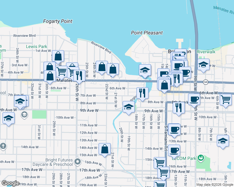 map of restaurants, bars, coffee shops, grocery stores, and more near 2111 7th Avenue West in Bradenton
