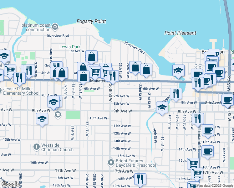 map of restaurants, bars, coffee shops, grocery stores, and more near 2529 7th Avenue West in Bradenton