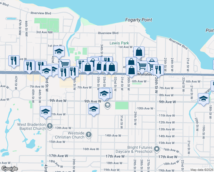 map of restaurants, bars, coffee shops, grocery stores, and more near 3305 7th Avenue West in Bradenton