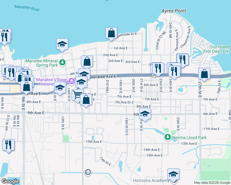 map of restaurants, bars, coffee shops, grocery stores, and more near 1828 7th Avenue East in Bradenton