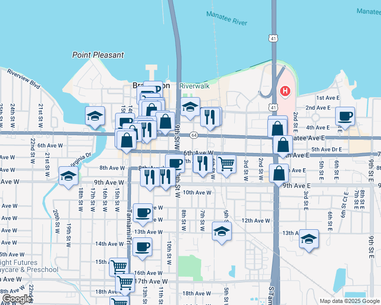 map of restaurants, bars, coffee shops, grocery stores, and more near 810 7th Avenue West in Bradenton